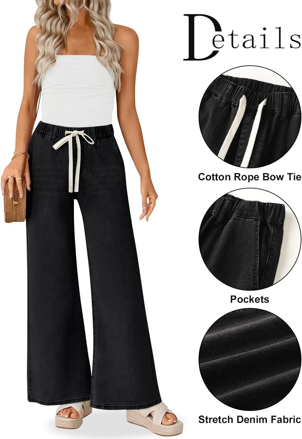 ZESICA Womens Drawstring High Waist Jeans Loose Fit Wide Leg Straight Baggy Trendy Denim Pants with Pockets