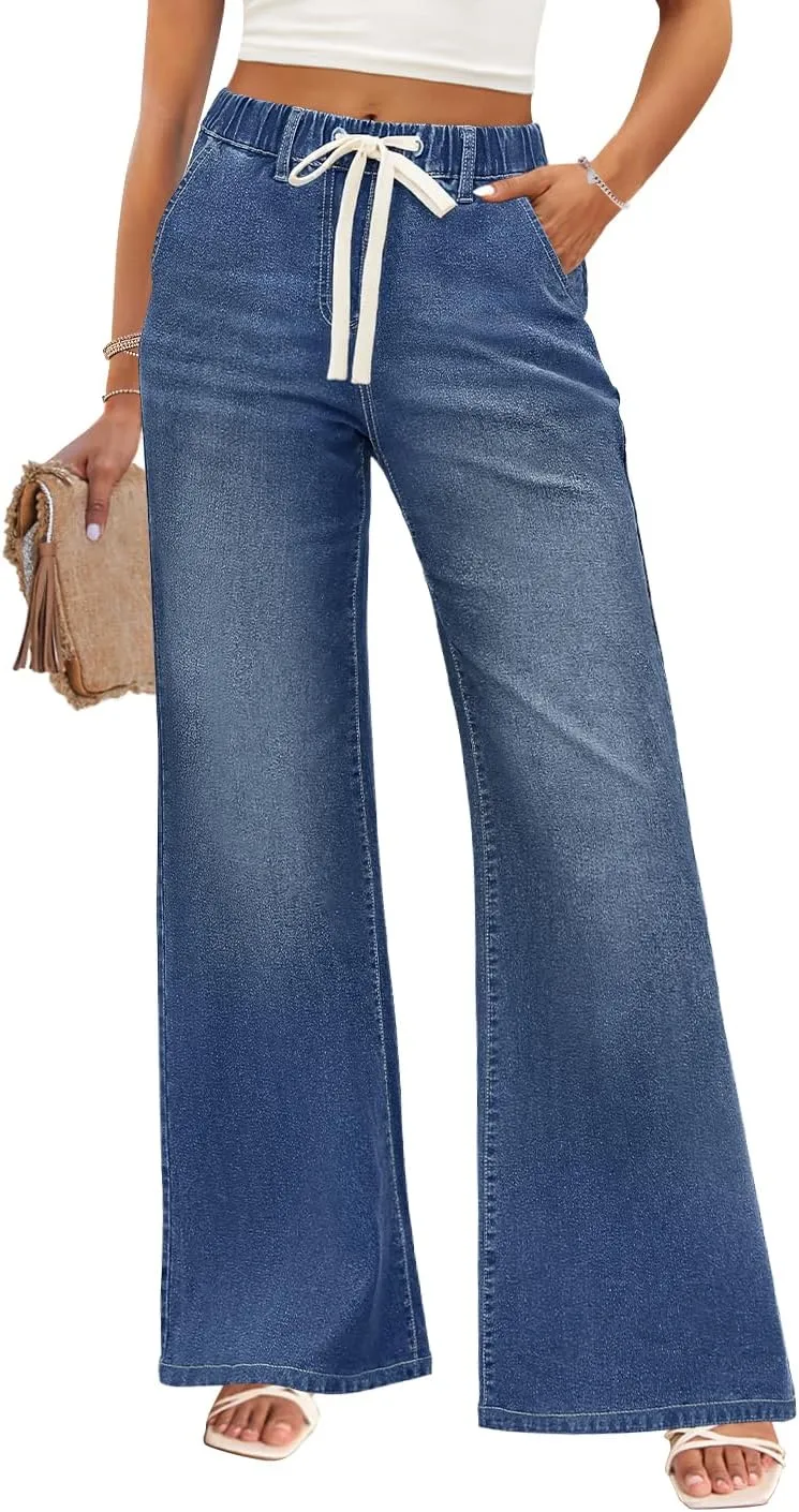 ZESICA Womens Drawstring High Waist Jeans Loose Fit Wide Leg Straight Baggy Trendy Denim Pants with Pockets