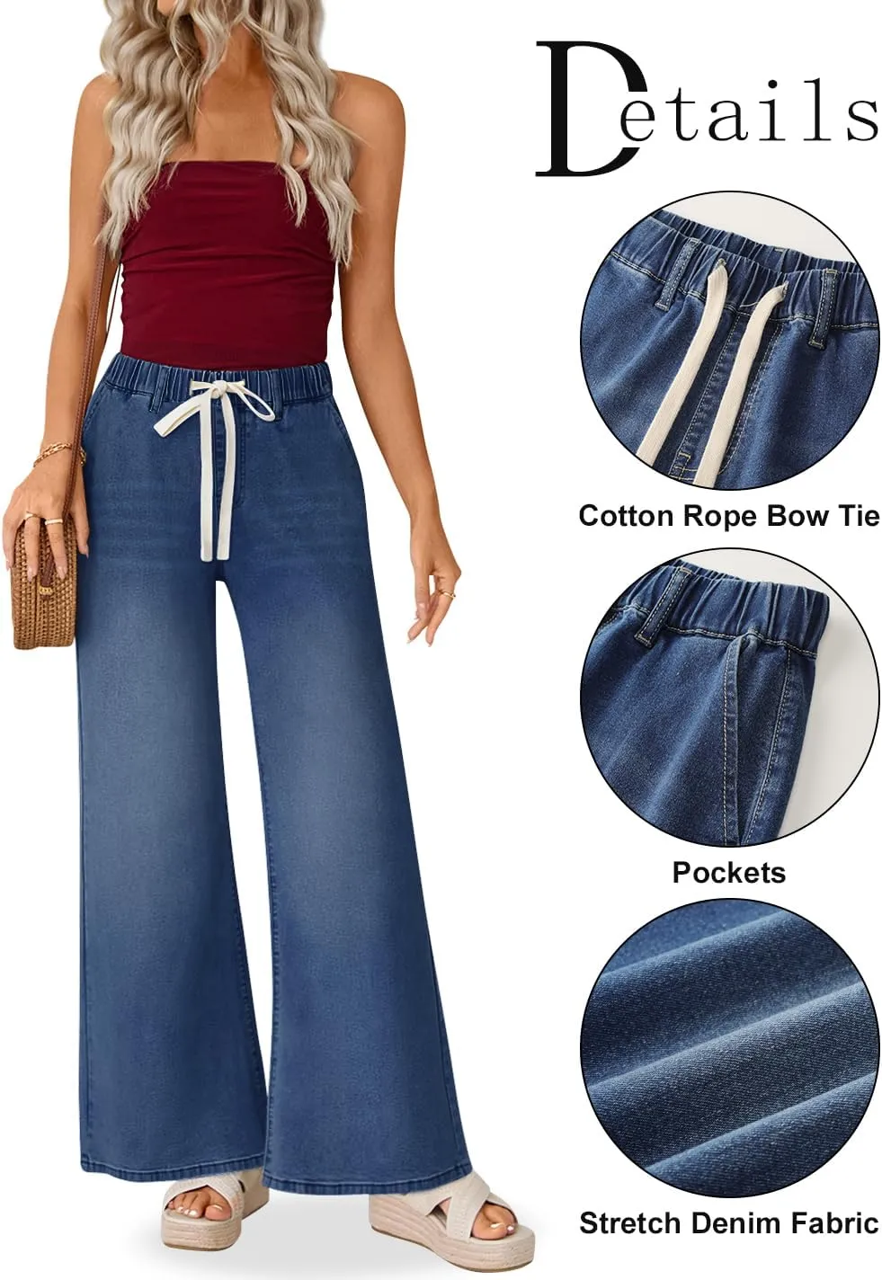 ZESICA Womens Drawstring High Waist Jeans Loose Fit Wide Leg Straight Baggy Trendy Denim Pants with Pockets
