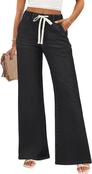ZESICA Womens Drawstring High Waist Jeans Loose Fit Wide Leg Straight Baggy Trendy Denim Pants with Pockets