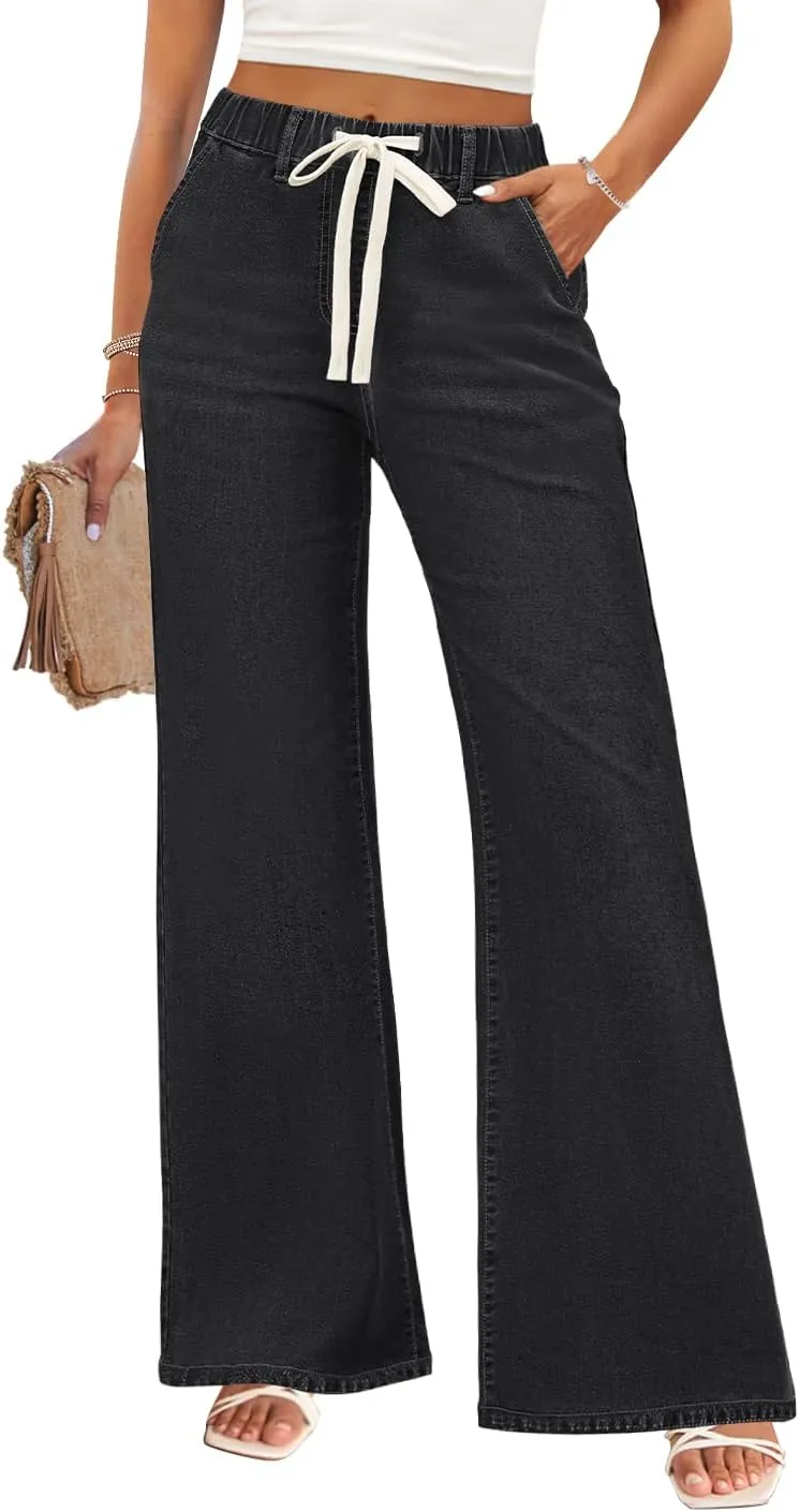 ZESICA Womens Drawstring High Waist Jeans Loose Fit Wide Leg Straight Baggy Trendy Denim Pants with Pockets