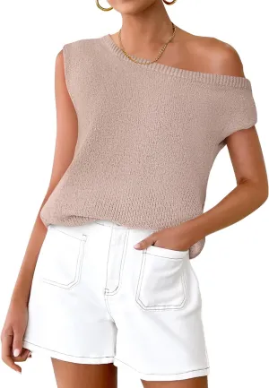 ZESICA Women's Summer Off The Shoulder Knit Tops 2025 Casual Short Sleeve Oversized Shirt