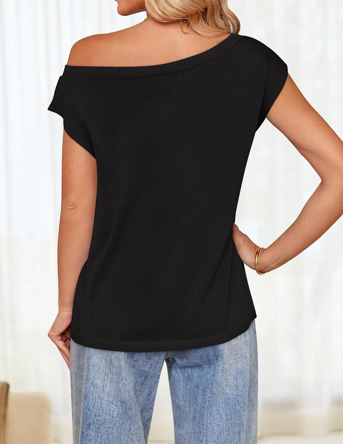 ZESICA Women's Summer Off The Shoulder Knit Tops 2025 Casual Short Sleeve Oversized Shirt