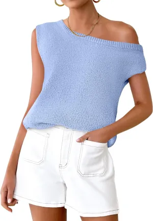 ZESICA Women's Summer Off The Shoulder Knit Tops 2025 Casual Short Sleeve Oversized Shirt