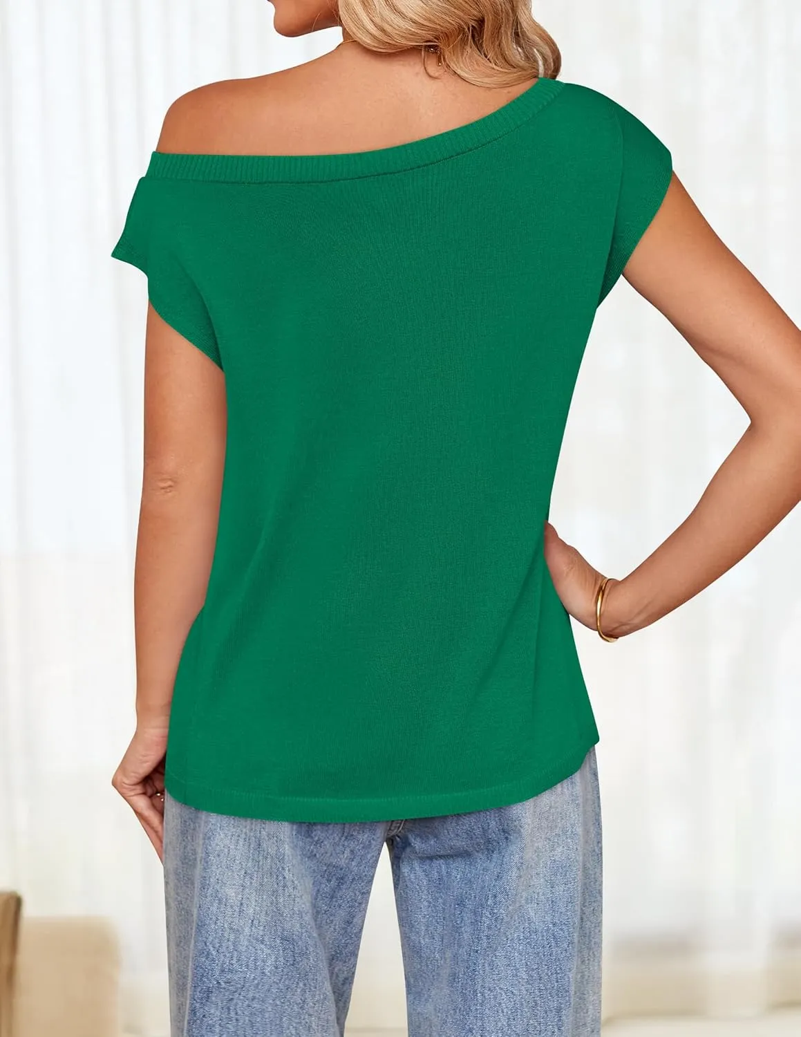 ZESICA Women's Summer Off The Shoulder Knit Tops 2025 Casual Short Sleeve Oversized Shirt
