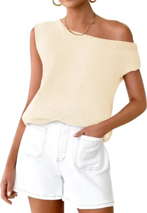 ZESICA Women's Summer Off The Shoulder Knit Tops 2025 Casual Short Sleeve Oversized Shirt