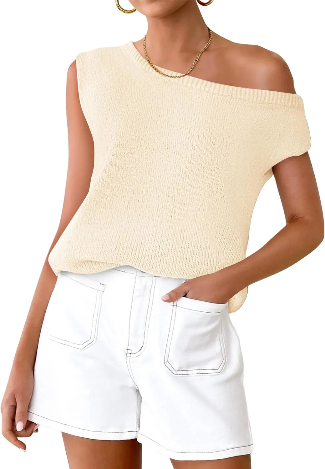 ZESICA Women's Summer Off The Shoulder Knit Tops 2025 Casual Short Sleeve Oversized Shirt