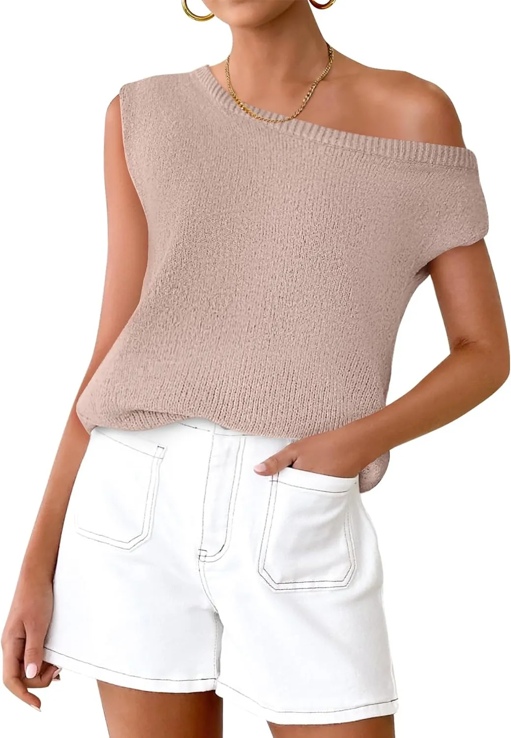 ZESICA Women's Summer Off The Shoulder Knit Tops 2025 Casual Short Sleeve Oversized Shirt
