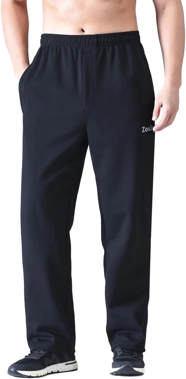 Zoulee Men's Open-Bottom Cotton Track Pants Sweatpants Jogging Pants with Zip Fly