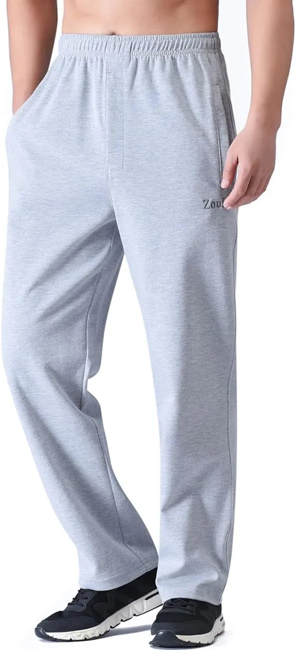 Zoulee Men's Open-Bottom Cotton Track Pants Sweatpants Jogging Pants with Zip Fly