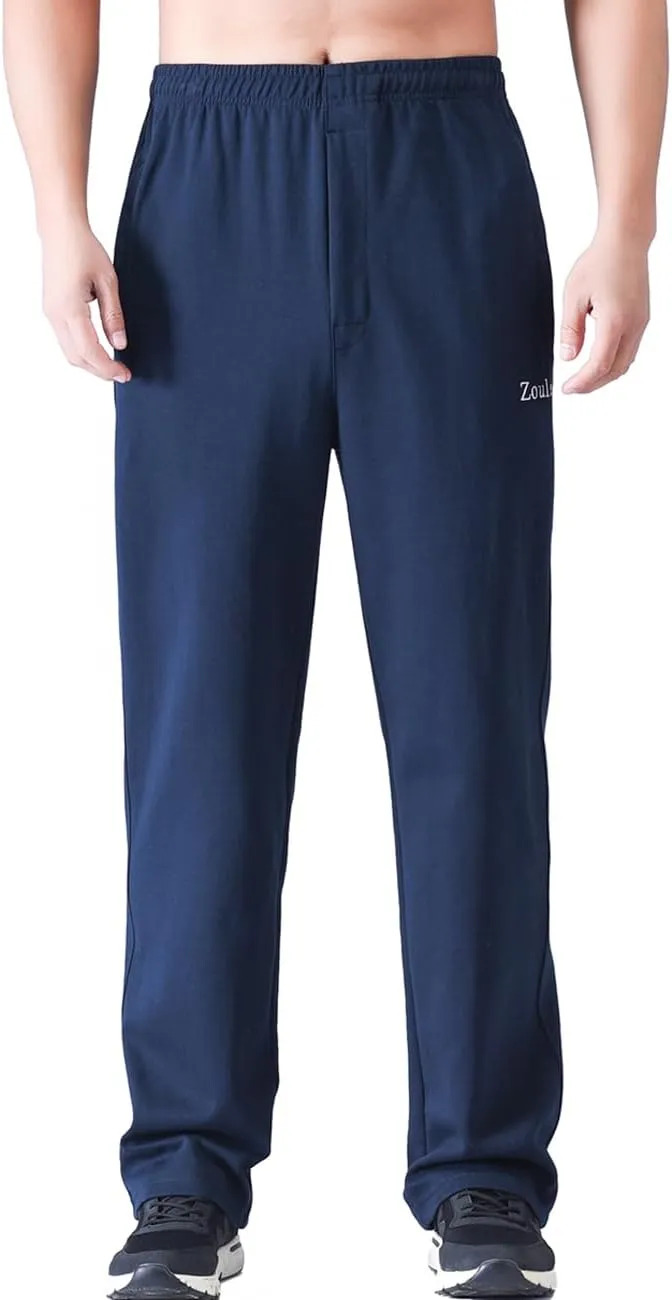 Zoulee Men's Open-Bottom Cotton Track Pants Sweatpants Jogging Pants with Zip Fly