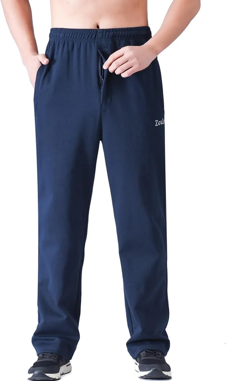 Zoulee Men's Open-Bottom Cotton Track Pants Sweatpants Jogging Pants with Zip Fly
