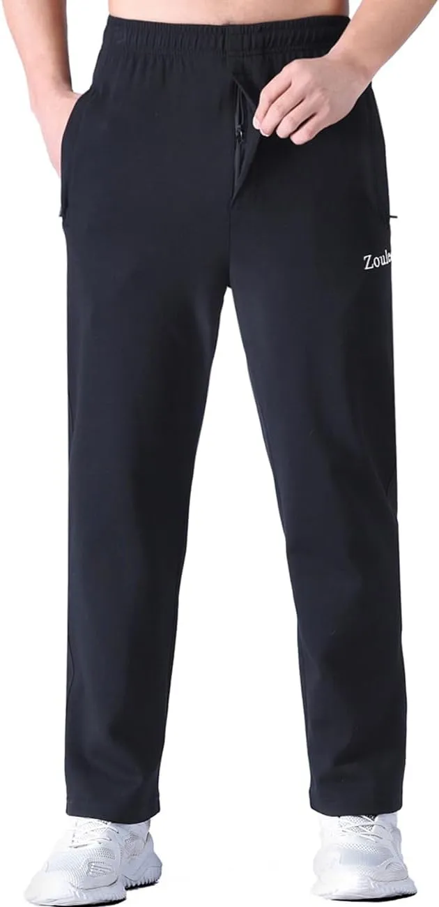 Zoulee Men's Open-Bottom Cotton Track Pants Sweatpants Jogging Pants with Zip Fly