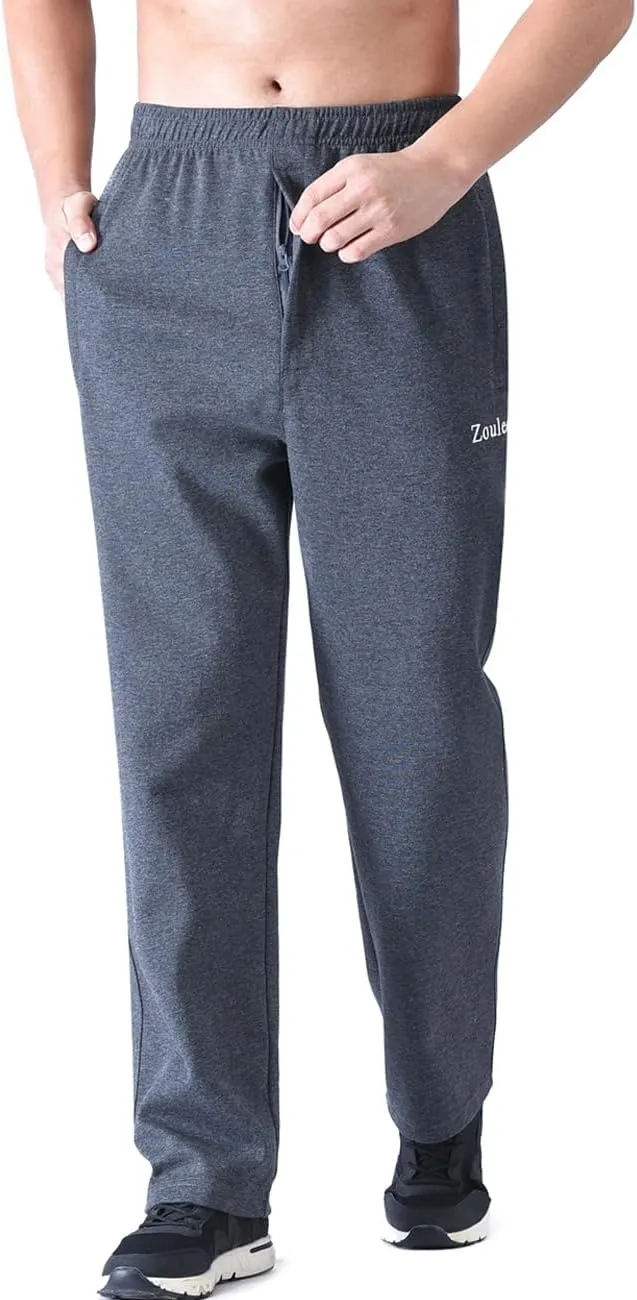Zoulee Men's Open-Bottom Cotton Track Pants Sweatpants Jogging Pants with Zip Fly