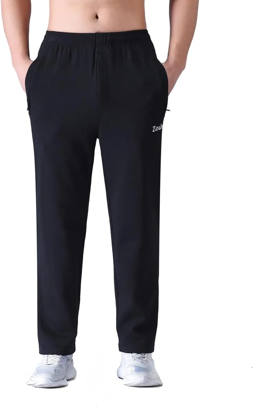 Zoulee Men's Open-Bottom Cotton Track Pants Sweatpants Jogging Pants with Zip Fly