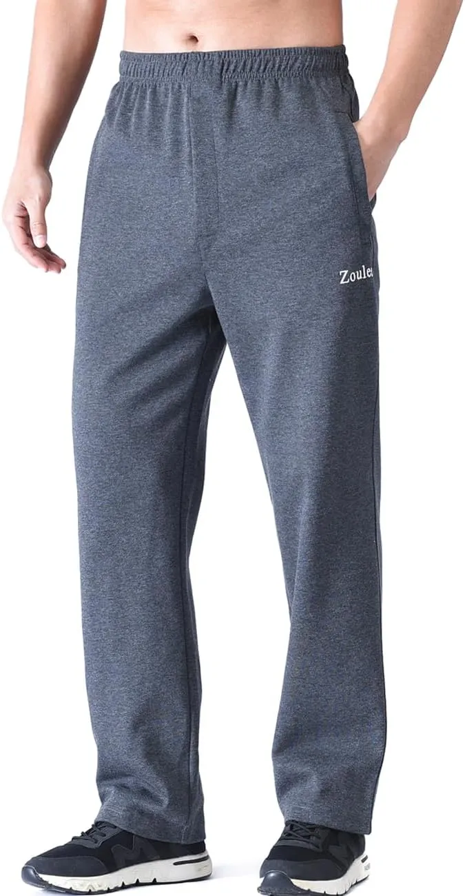 Zoulee Men's Open-Bottom Cotton Track Pants Sweatpants Jogging Pants with Zip Fly
