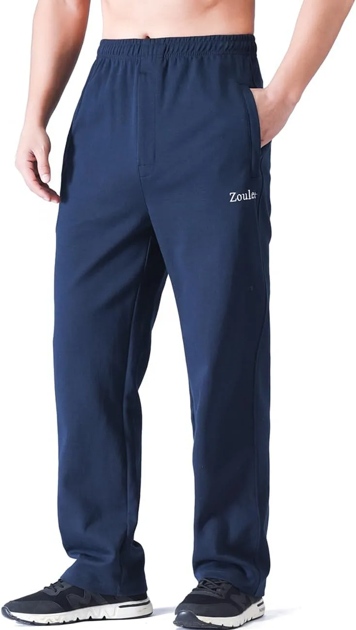 Zoulee Men's Open-Bottom Cotton Track Pants Sweatpants Jogging Pants with Zip Fly