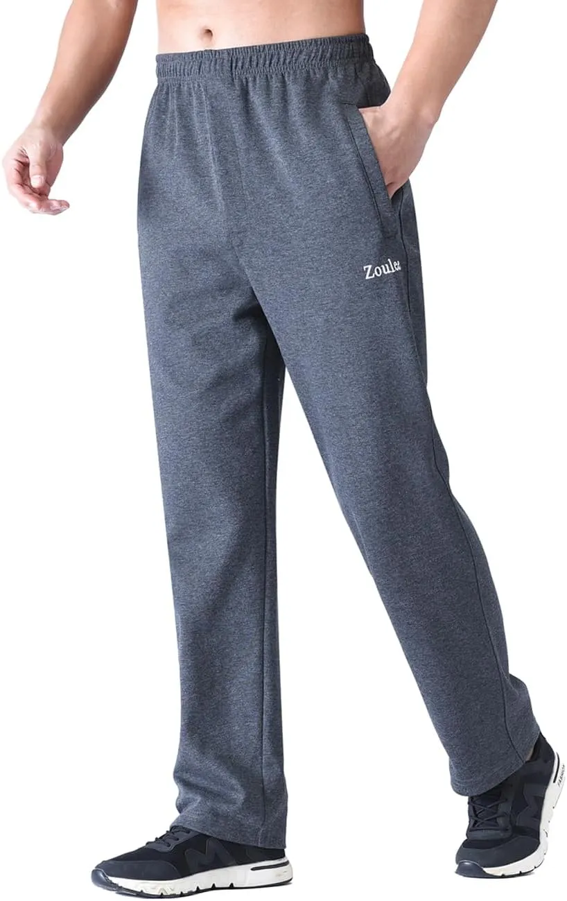 Zoulee Men's Open-Bottom Cotton Track Pants Sweatpants Jogging Pants with Zip Fly