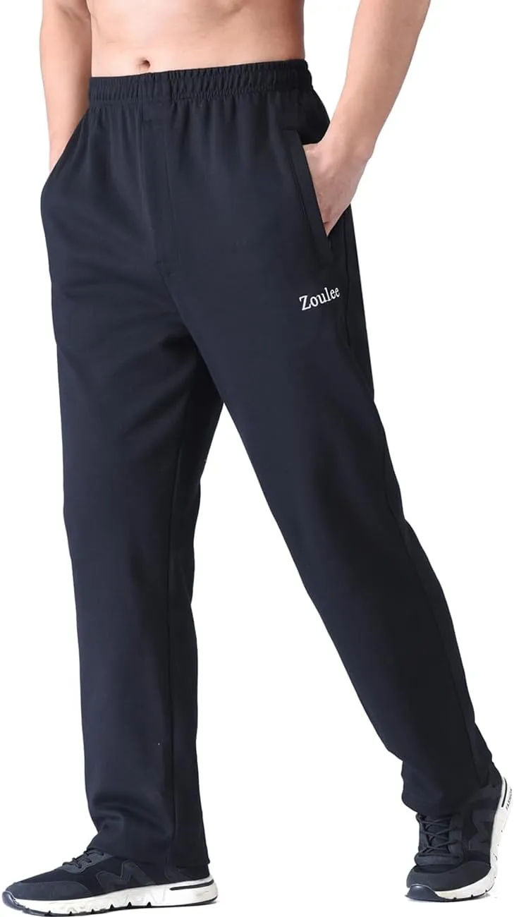 Zoulee Men's Open-Bottom Cotton Track Pants Sweatpants Jogging Pants with Zip Fly