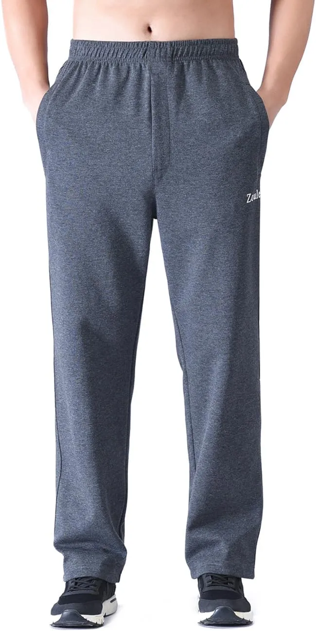 Zoulee Men's Open-Bottom Cotton Track Pants Sweatpants Jogging Pants with Zip Fly