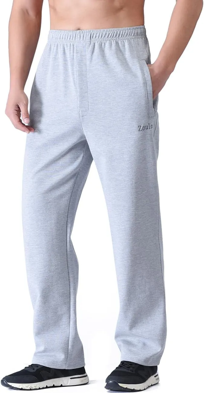 Zoulee Men's Open-Bottom Cotton Track Pants Sweatpants Jogging Pants with Zip Fly