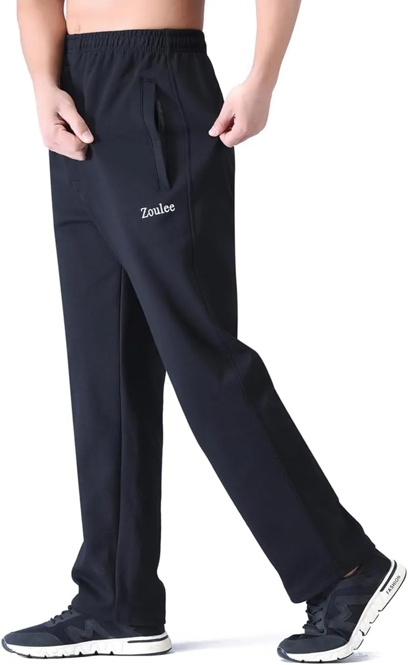 Zoulee Men's Open-Bottom Cotton Track Pants Sweatpants Jogging Pants with Zip Fly